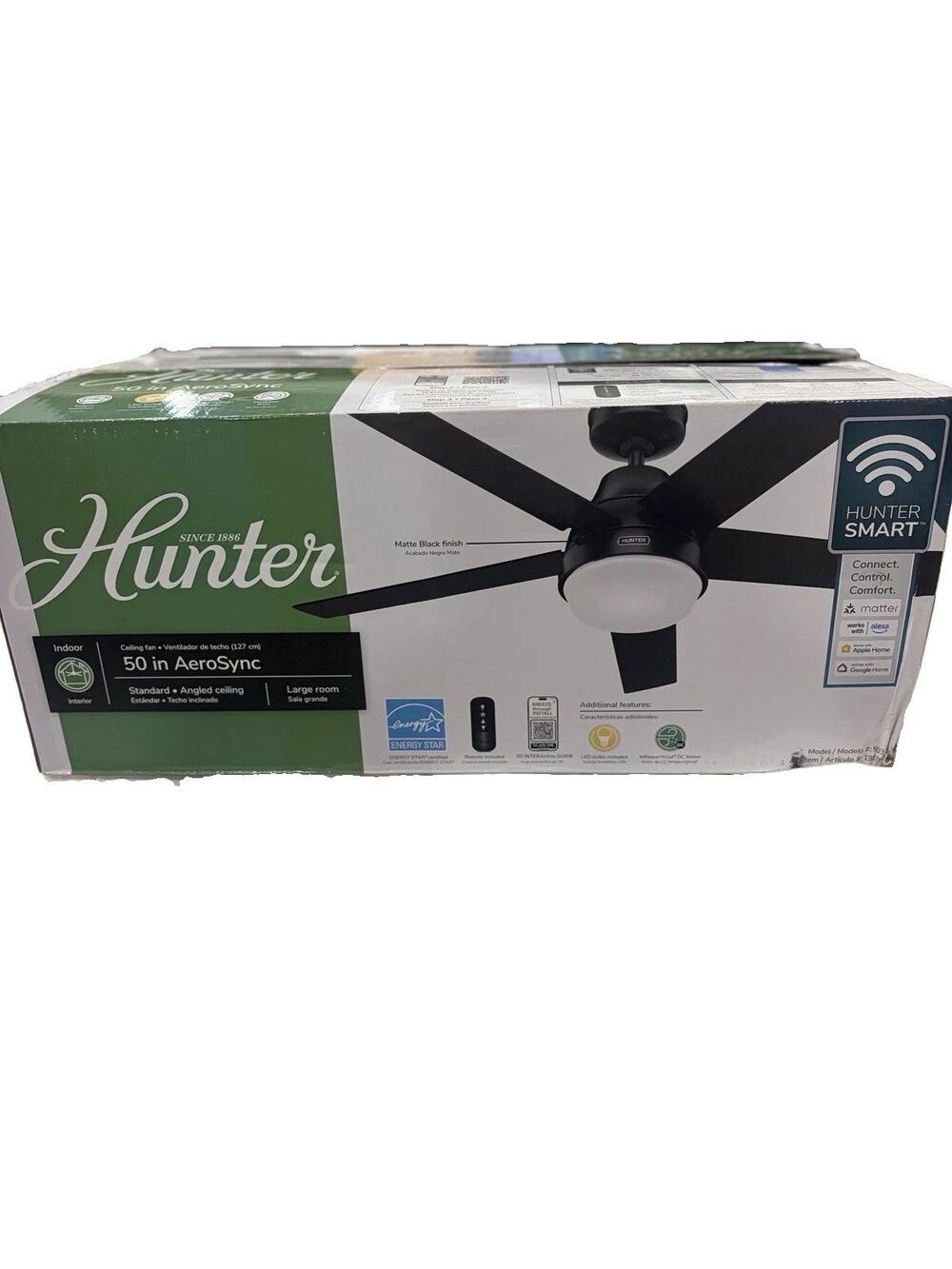 Hunter AeroSync 50in Matte Black Smart Ceiling Fan LED Light Remote 50389